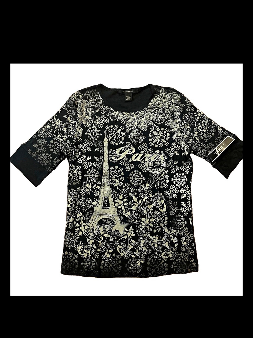 Susan Lawrence Black Tee with Cream Eiffel & Floral Motif